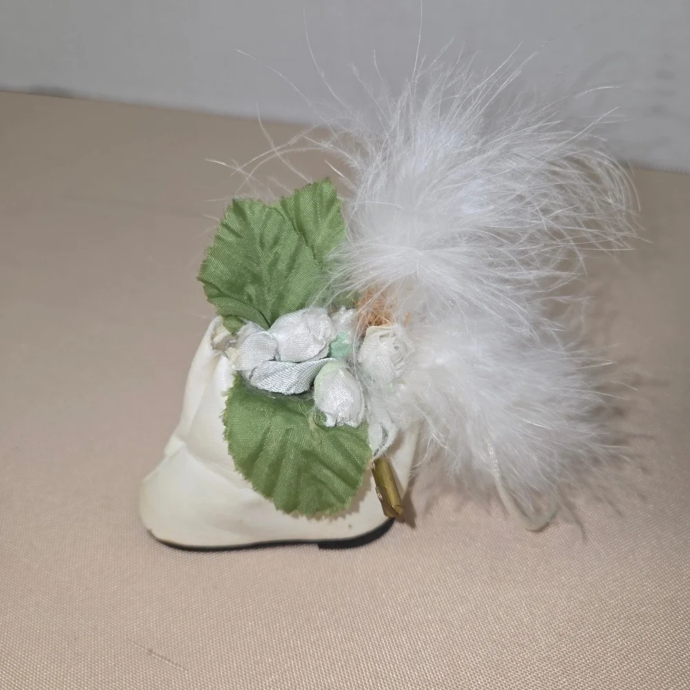 Vintage‎ Miniature White Leather Bootie Doll Shoe Ornament Feather Floral